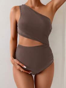 SHEIN 1pc Solid Color Modest Maternity Swimsuit, Suitable For Summer - Brown - View 5