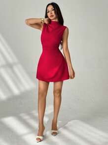 SHEIN PETITE Women's Elegant Simple Exquisite Romantic Sweet Daily Commute Wedding Party Music Festival Vacation Pleated A-Line Mini Dress, Red Halter Top Party Dresses For Women Women Formal,Club Outfits Women Sexy - Red - View 5