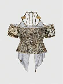 ROMWE Hippie Y2K 嬉皮豹纹与金箔倒三角下摆女式上衣 - 彩色 - 查看 2