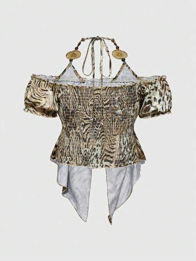 Hippie Top pour femme au motif léopard Y2K hippie et bordure triangulaire inversée en feuille d'or