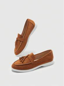 CUCCOO BIZCHIC 棕色流苏花卉一脚蹬平底鞋，优雅休闲简约舒适一脚蹬鞋，百搭办公室/正式场合穿着，适合女性