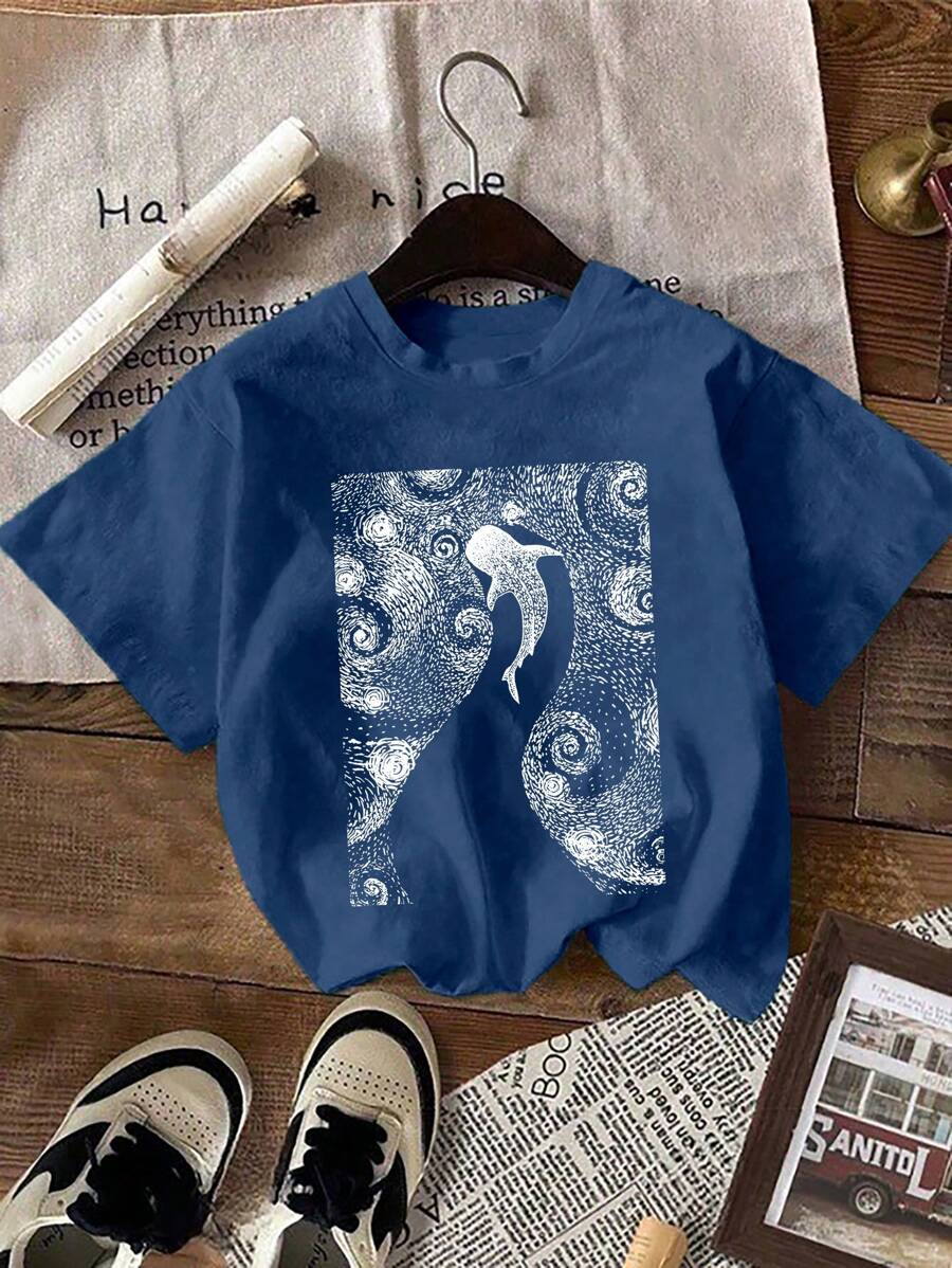 Women Plus Size T-Shirt With Whale Shark Diving Print, Casual Crew Neck Short Sleeve Tee, Suitable For All Seasons - Blue - View 1