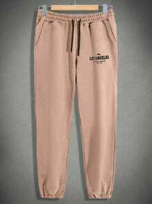 RueChic Conjunto de sudadera con capucha regular de algodón con estampado de letras para hombres