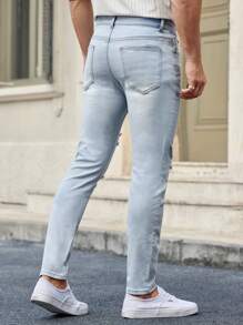 Manfinity VCAY Calça Jeans Skinny Rasgada Casual Masculina - Azul - Ver 2