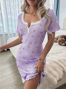 蕾丝拼接方领双扣泰迪熊与蝴蝶结印花短袖睡袍 - 淺灰紫 - 查看 3