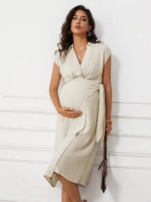 MaterniWear Váy quấn eo màu trơn giản dị mùa hè cho bà bầu - Màu be - Xem 6