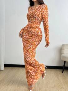 Rafferiza Women Elegant Leopard Print Fitted Mesh Sheer Long Sleeve Dress, Suitable For Spring And Autumn Maxi Women Outfit Fall Cloth For Women - Orange - View 5