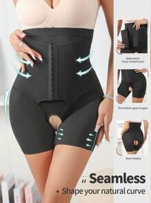 SHEIN Celana Pendek Pembentuk Tubuh Wanita Warna Hitam Berpinggang Tinggi dengan Kontrol Perut dan Bagian Bawah Terbuka, Model Kasual untuk Mengangkat Bokong. - Hitam - View 2