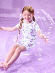 Pop Mart Azura X SHEIN Young Girl Dreamy Purple Cartoon Graphic White Short Sleeve T-Shirt & Shorts Cute Comfortable Pajama Set