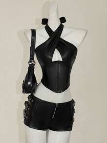 SHEIN ICON Y2k Going Out Summer Sexy Concert Burgundy PU Leather Halter Neck Women's Sexy Solid Backless Halter Tank Top, Summer - Black - View 10