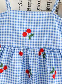 Girls (Small) Cute Plaid, Cherry Print Camisole Top & Casual Print Shorts Set, Suitable For Holiday, Summer