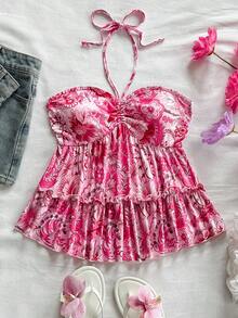 Soleia Áo thun thường ngày in hoa cổ yếm nhún bèo cho lễ hội âm nhạc Hippie dành cho nữ - Nhiều màu - Xem 4