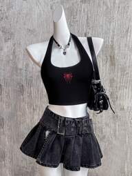 Attitoon توب كاجوال مناسب للصيف للنساء بتصميم هالتر وطبعة عنكبوت