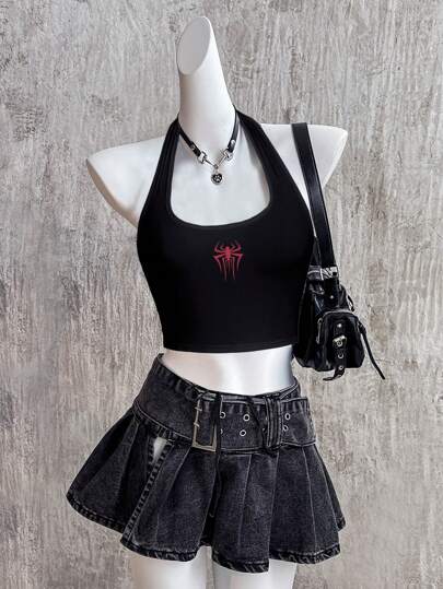 Attitoon 女士蜘蛛图案露背修身吊带背心，休闲夏季款