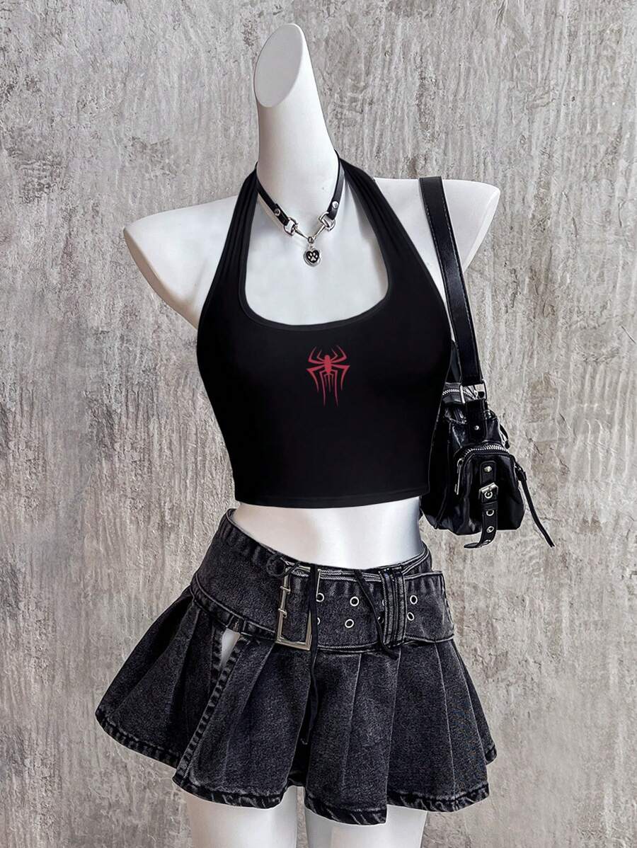 Attitoon 女士蜘蛛图案露背修身吊带背心，休闲夏季款 - 黑色 - 查看 1