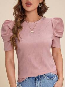 SHEIN Clasi Women's Puff Sleeve Round Neck With Textured Fabric Pink Tee