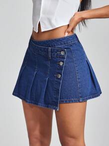 SHEIN ICON Women's Single Button Side Pleated Casual Denim Mini Skirt - Dark Wash - View 2