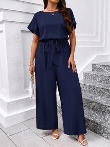 SHEIN Clasi Mono de pierna ancha con cinturón y cuello redondo elegante en talla grande - Azul Marino - Ver 7
