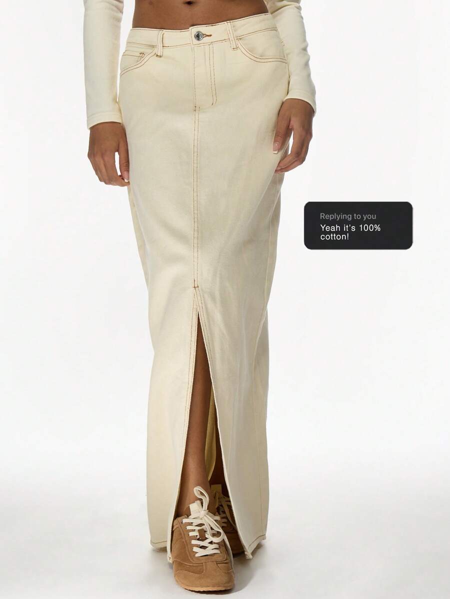 MISSGUIDED 设计师款牛仔长裙，前开衩优雅高腰 A 字长牛仔裙，适合秋冬春季时尚休闲装 - 米色 - 查看 1