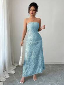 Chiquease 女士优雅蕾丝腰收腰连衣裙 - 藍色 - 查看 6