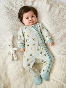 Cozy Pixies Newborn Baby Girl Cartoon Bee & Flower Pattern Knitted Soft Colorblock Crew Neck Long Sleeve Romper With Pants