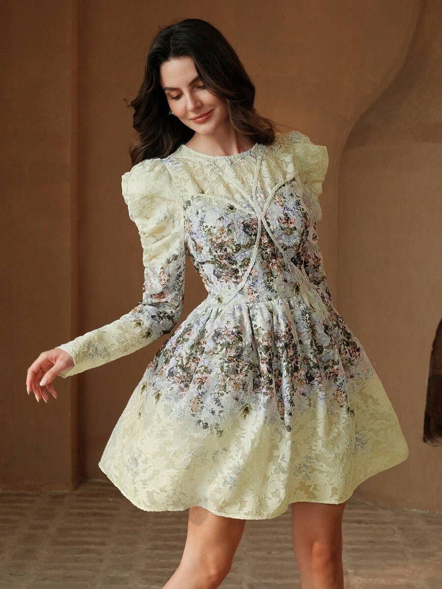 Anewsta Váy ngắn dự tiệc cocktail lãng mạn ngọt ngào thanh lịch dành cho nữ, váy dệt lưới in hoa, trang phục xuân/hè dành cho nữ - màu xanh lá - Xem 1
