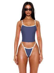Musera Resort Top de bikini ajustado con ribete de contraste, solo para verano, , vacaciones, sexy, ropa de playa de Ibiza - Azul - Ver 4