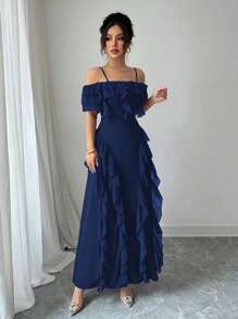 Modelyn Women's Fashion Elegant Off-Shoulder Seaweed Strip Ruffle Hem Bodycon Dress - Royal Blue - View 6