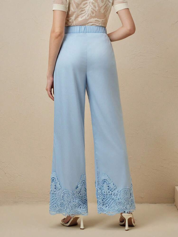 Women's Blue Lace Patchwork Wide Leg Pants, New Spring/Summer Style