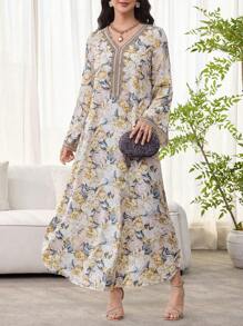 SHEIN Najma 女士花卉印花、钩针拼布、长袖连衣裙、端庄优雅的 A 字形卡夫坦和 Jalabiya 连衣裙，适合晚会/婚礼嘉宾/周年纪念/日常穿着 - 彩色 - 查看 4
