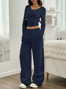 CovetEZ 2pcs Women Casual Navy Blue Round Neck Long Sleeve Top And Pants Set - Navy Blue - View 5
