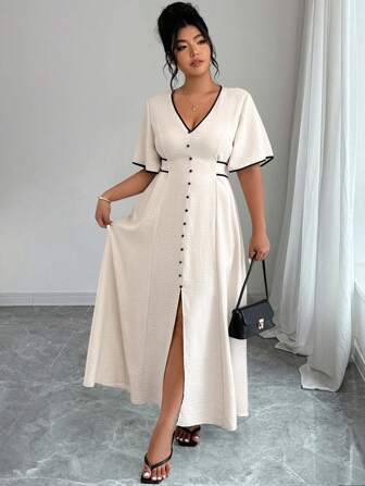 Elenzga Damen große Größen elegantes Midi-Kleid mit V-Ausschnitt, Kontrastbindungen, Volantärmeln und Schlitz in der Taille
