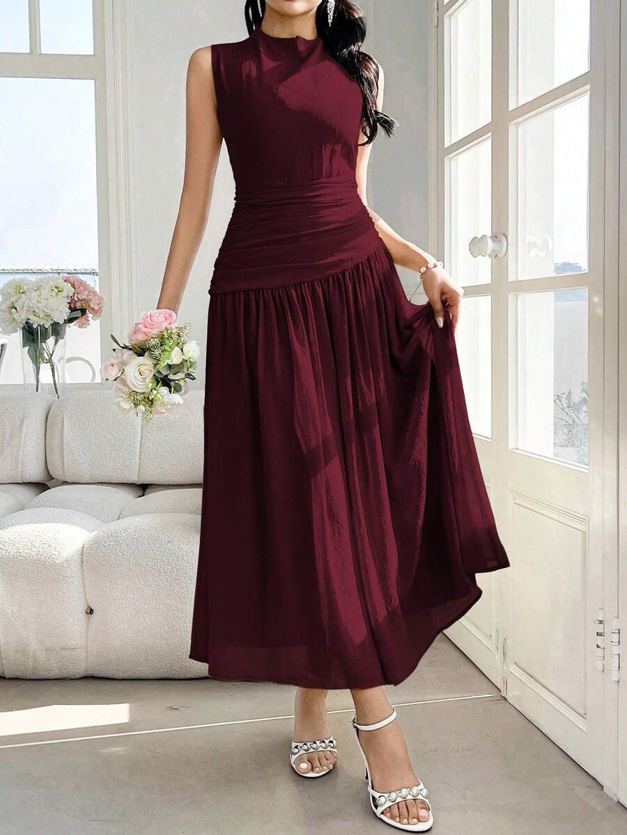Modelyn Women's Design Sense Mock Neck Sleeveless Ruched Midi Dress - Burgundy - View 1