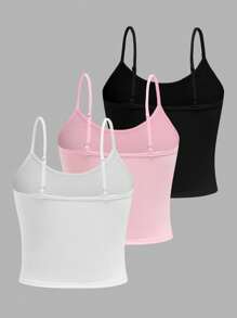 少女三件套简约舒适可调节肩带修身吊带背心套装 - 粉色 - 查看 2