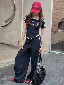 DAZY Casual University Style Fall Teen Girl Clothes Teen Girls Printed T-Shirt & Pants Co-Ord Set,Back To School Clothes - Navy Blue - View 4