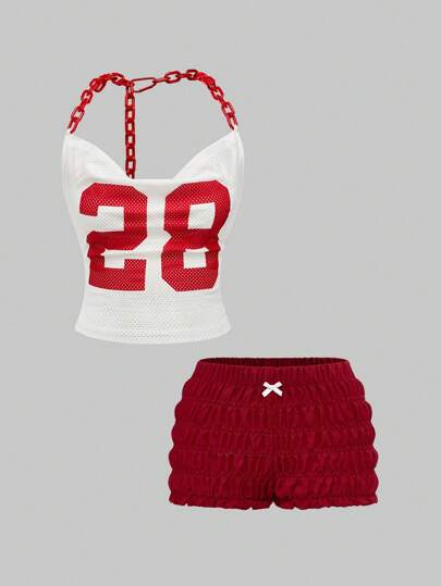 ROMWE Avant Women's Plunge Neckline Chain Decor Numeric Graphic Casual Top And Skirt 2 Pieces Set