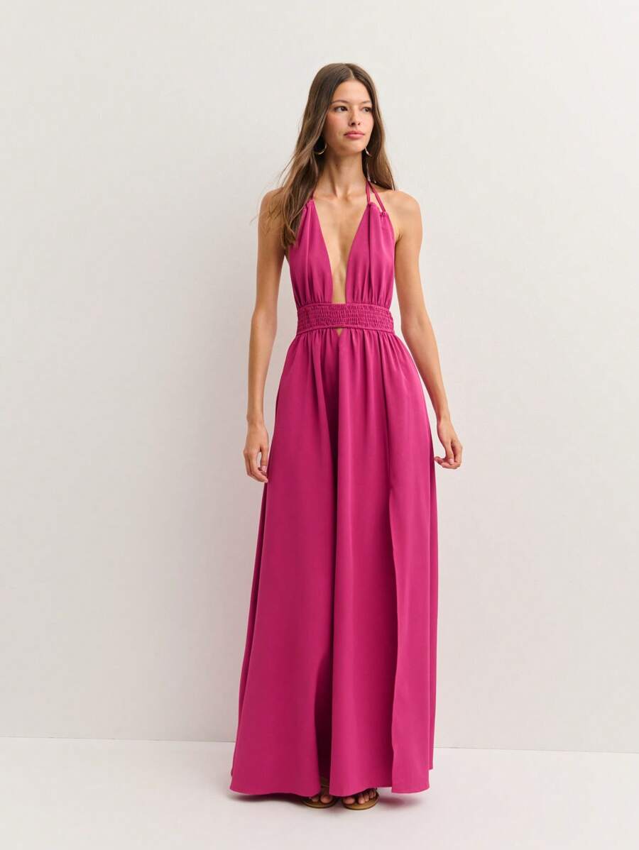 Nöista 深 V 领、可调节吊带和弹力褶饰的长裙 - 紅色 - 查看 1