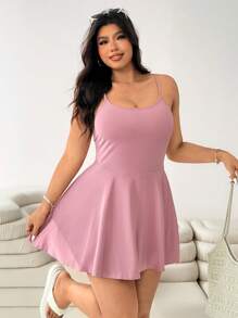 SHEIN EZwear 大码女式夏季/秋季休闲百搭工字背 A 字形荷叶边下摆连体短裤，带口袋 - 舒适弹力纯色面料，适合瑜伽、运动、学校、户外 - 淺粉色 - 查看 6