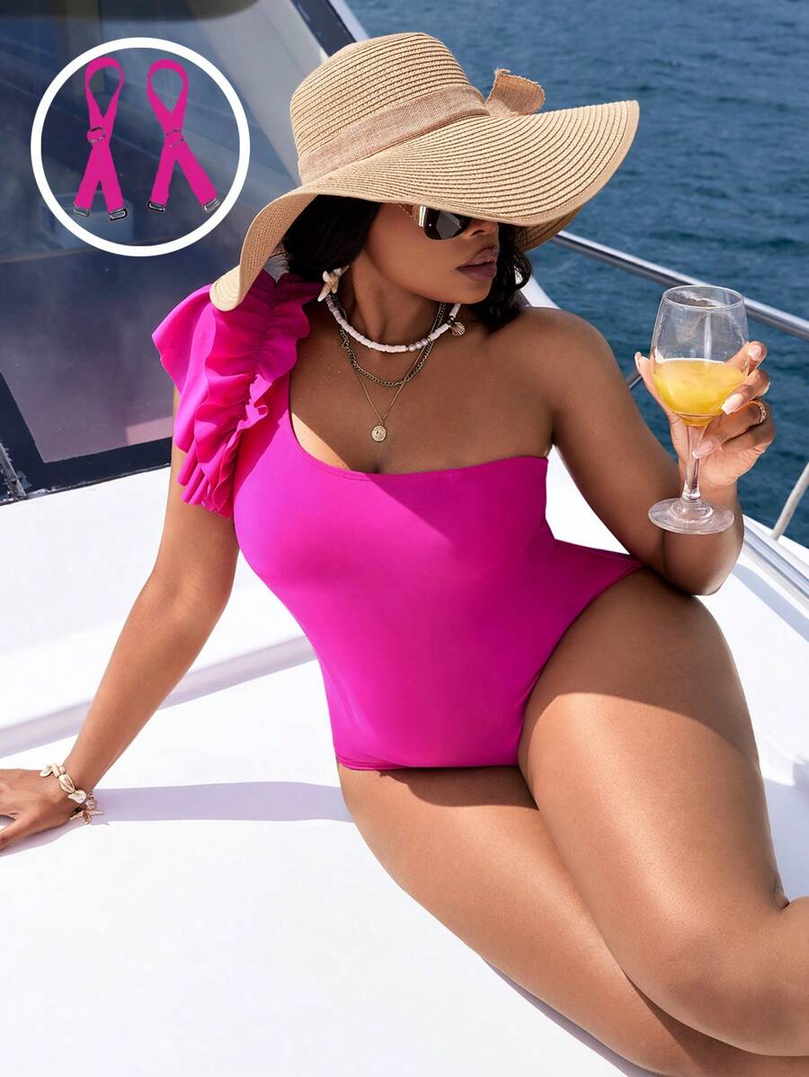Slaydiva 1 Pc Plus Size Solid Color Knitted Fabric Wide Strap Double Ruffle Trim Backless Slimming Casual Swimsuit - Hot Pink - View 1