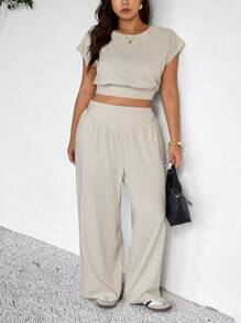 SHEIN Frenchy 2pcs/Set Plus Size Women White Summer Casual Everyday Fashion Short Sleeve Top & Long Pants Set,Commuting 2025 Spring New Outfits,Two Piece Set Women - Apricot - View 4