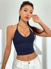 SHEIN EZwear Summer Navy Blue Solid Ruched Side Crop Halter Y2k Tops - Navy Blue - View 1