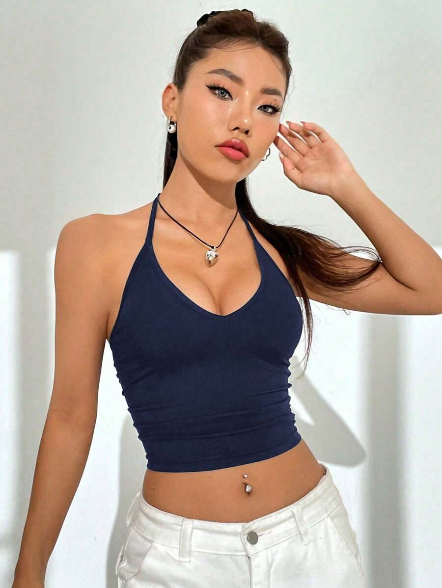 SHEIN EZwear Summer Navy Blue Solid Ruched Side Crop Halter Y2k Tops - Navy Blue - View 1