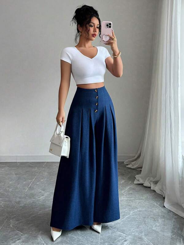 Elenzga Fashionable Loose Button Front Wide Leg Pants For Women