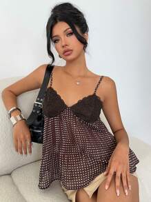 Áo ba lỗ chấm bi ren vá thanh lịch dành cho nữ, mùa hè - Cà phê nâu - Xem 1