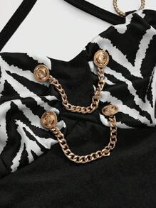 ROMWE J-Fashion Y2K 复古辣妹涩谷辣妹性感斑马条纹挂脖露肩拼接链条装饰女式T恤