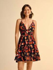 CAJUNI Holiday Leisure Pattern Print Color 's Short Dress - (The Pattern Is Randomly Cut, Each Piece Is Different) Casual Dresses For Women   Black Dress