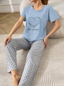 EURMUSE 100%Cotton Heart & Slogan Graphic Tee Short Sleeve & Pants Lounge Set - Baby Blue - View 3