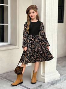 SHEIN Serisse Kids Tween Girl LUNE 花卉印花灯笼袖荷叶边下摆连衣裙，法式花卉，仙女裙，田园风 - 黑色 - 查看 2