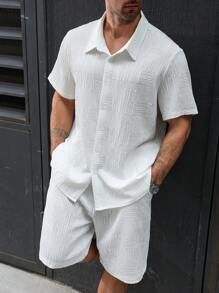 Manfinity Homme Plus Size Men's White Front Button Closure Short Sleeve Shirt And Pocket Shorts Set,Summer Casual Vacation Holiday Clothes,Shirt Co Ords For Men - White - View 1