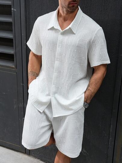 Manfinity Homme Plus Size Men's White Front Button Closure Short Sleeve Shirt And Pocket Shorts Set, Summer Man Clothes Men Shirt Co Ords Men Clothes Men Shirt Co Ords Men S Men Shirt Co Ords Men Vacation Men Shirt Co Ords,It Is Great For Couples And Makes An Excellent Gift Idea For Boyfriends Or Husbands.